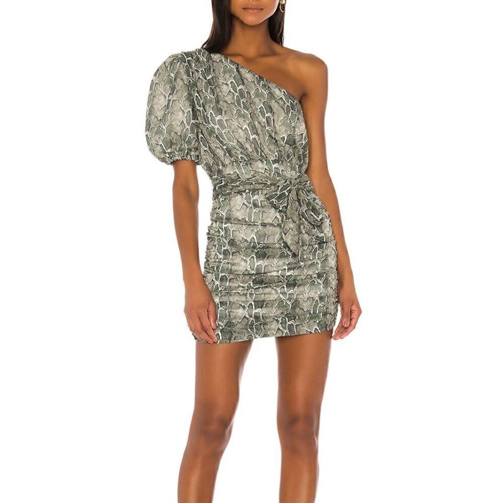 Song of Style Revolve Kasper Mini One Shoulder Dress In Green Snake Print S    